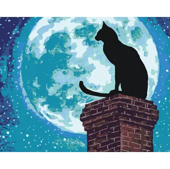 ZUTY Malování podle čísel - KOČKA NA KOMÍNU A ÚPLNĚK Rozměr: 40x50 cm, Rámování: bez rámu a bez vypnutí plátna