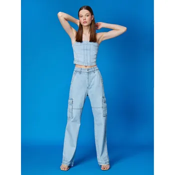 Dámské kalhoty Bavlněné cargo kalhoty se širokými nohavicemi - Bianca Jean Koton modrá | světle modrá 2295351