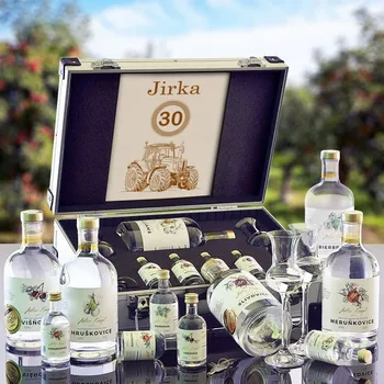 Dárkový potravinový koš Slivovice, Višňovice, Meruňkovice, Hruškovice Dárkový koš v kufru pro muže, chlapa originální dárek k narozeninám, vánocům, valentýnu Standardní víko