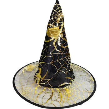 Karnevalový doplněk Čarodějnický klobouk průhledný velký pavouk černo-zlatý