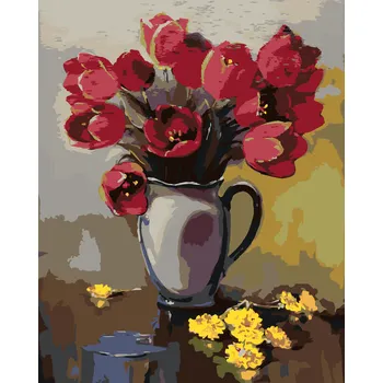 ZUTY Malování podle čísel - TULIPÁNY VE VÁZE A PAMPELIŠKY NA STOLE Rozměr: 40x50 cm, Rámování: bez rámu a bez vypnutí plátna