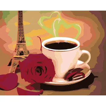 ZUTY Malování podle čísel - BÍLÝ ŠÁLEK KÁVY S RŮŽÍ A EIFFELOVKOU Rozměr: 80x100 cm, Rámování: bez rámu a bez vypnutí plátna