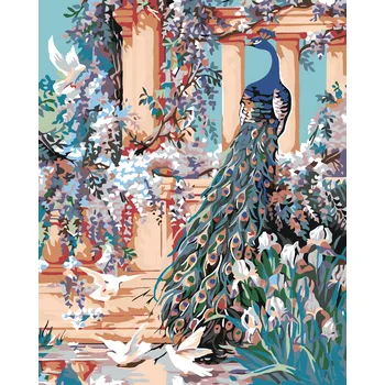 ZUTY Malování podle čísel - PÁV V ROZKVETLÉ ZAHRADĚ Rozměr: 40x50 cm, Rámování: vypnuté plátno na rám