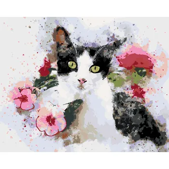 ZUTY Malování podle čísel - ČERNOBÍLÁ KOČKA A RŮŽOVÉ KVĚTINY Rozměr: 40x50 cm, Rámování: bez rámu a bez vypnutí plátna