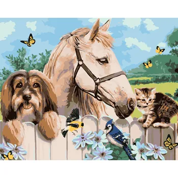 ZUTY Malování podle čísel - PES, KŮŇ A KOTĚ (HOWARD ROBINSON) Rozměr: 40x50 cm, Rámování: vypnuté plátno na rám