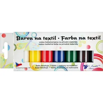 Speciální výtvarná barva ANDĚL Barvy na textil tmavý a barevný, sada 7 x 20 g + šablony