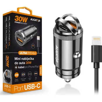 Chytrá nabíječka do auta ALIGATOR Power Delivery 30W, USB-C plus USB-A, plus kabel USB-C/Lighting