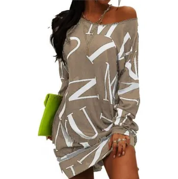 Dámské šaty Čína Dámské volné šaty s dlouhým rukávem a potiskem Barva: Khaki, Velikost: L