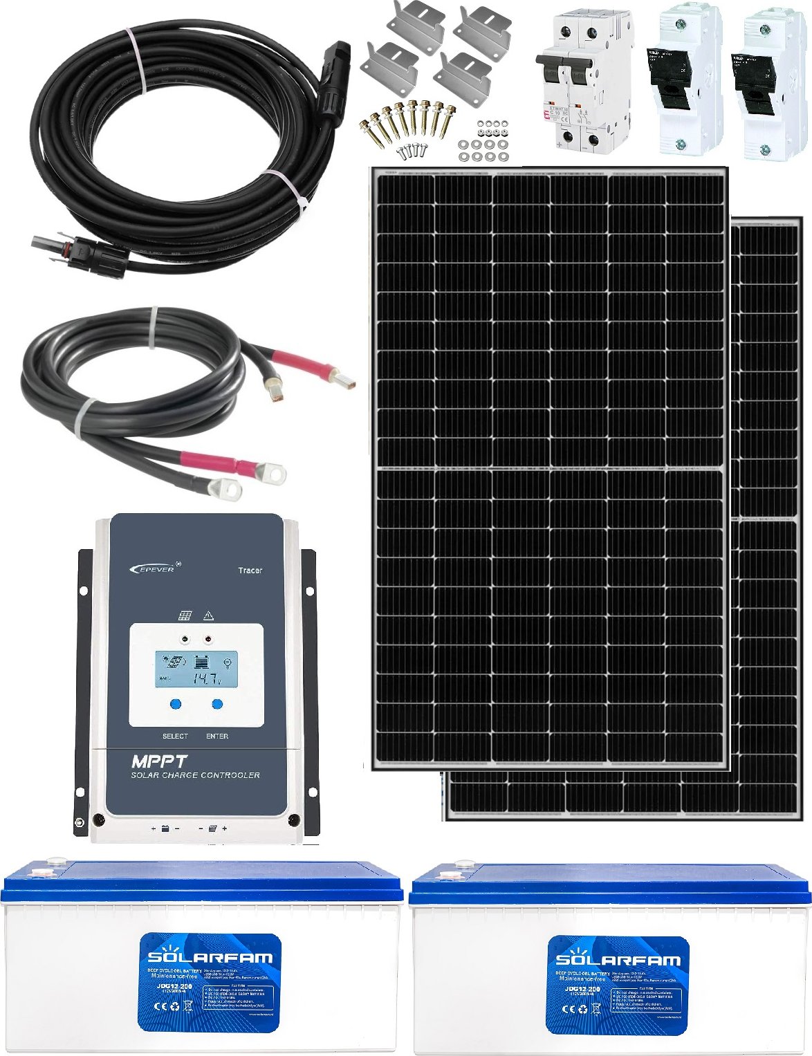 Solární sestava 1020Wp 230V Battery s Karbonovou baterií 24V/200Ah (3600cyklů) 4800Wh (Ostrovní fotovoltaická elektrárna s Karbonovými bateriemi s životností až 3600 cyklů)