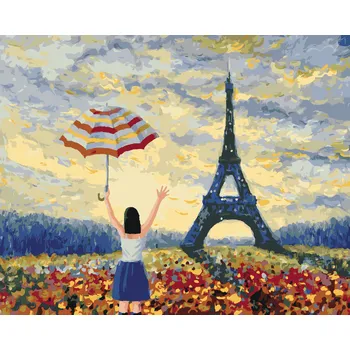 ZUTY Malování podle čísel - EIFFELOVA VĚŽ A ŽENA S DEŠTNÍKEM Rozměr: 40x50 cm, Rámování: bez rámu a bez vypnutí plátna
