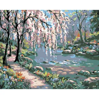 ZUTY Malování podle čísel - RŮŽOVÝ STROM NAD ŘEKOU Rozměr: 40x50 cm, Rámování: bez rámu a bez vypnutí plátna