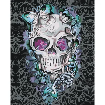 ZUTY Malování podle čísel - LEBKA S MOTÝLI A KVĚTY Rozměr: 40x50 cm, Rámování: bez rámu a bez vypnutí plátna