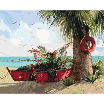 ZUTY Malování podle čísel - PALMA A DVĚ LOĎKY Rozměr: 40x50 cm, Rámování: bez rámu a bez vypnutí plátna