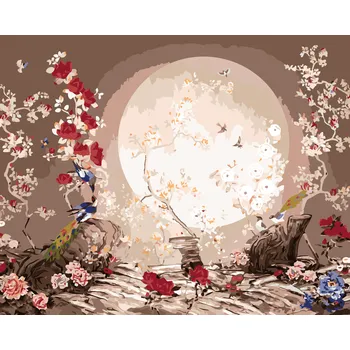 ZUTY Malování podle čísel - JAPONSKO MĚSÍČNÍ KRAJINA S PTÁČKY Rozměr: 40x50 cm, Rámování: bez rámu a bez vypnutí plátna