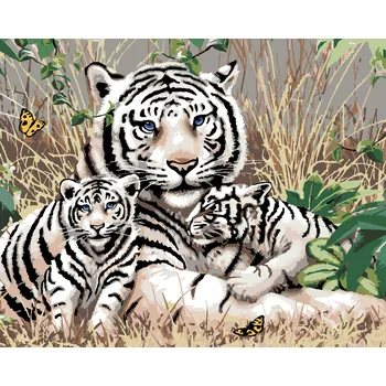 ZUTY Malování podle čísel - BÍLÝ TYGR A MLÁĎATA V TRÁVĚ (HOWARD ROBINSON) Rozměr: 40x50 cm, Rámování: bez rámu a bez vypnutí plátna