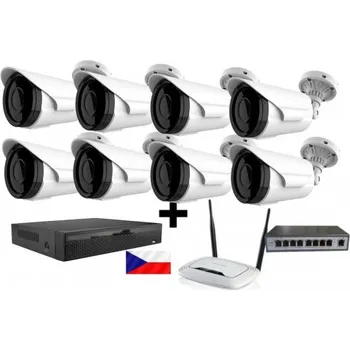 Bezpečnostní detektor 5MPx H265 kamerový IP POE set ZONEWAY - 8x NC965, NVR 2104, router, POE switch 8 plus 1