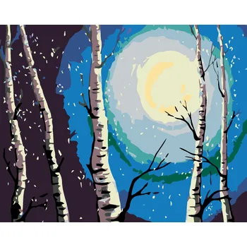 ZUTY Malování podle čísel - BŘÍZY, MĚSÍC A PADAJÍCÍ SNÍH Rozměr: 40x50 cm, Rámování: bez rámu a bez vypnutí plátna