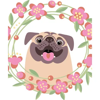 ZUTY Malování podle čísel - ŠŤASTNÝ MOPS S KVĚTINAMI Rozměr: 40x50 cm, Rámování: bez rámu a bez vypnutí plátna