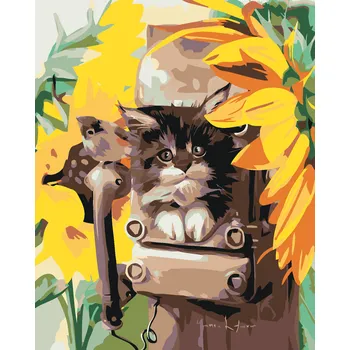 ZUTY Malování podle čísel - KOTĚ V BUDCE A SLUNEČNICE Rozměr: 40x50 cm, Rámování: bez rámu a bez vypnutí plátna