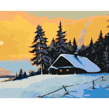 ZUTY Malování podle čísel - SRUB V ZIMNÍM LESE A ZÁPAD SLUNCE Rozměr: 40x50 cm, Rámování: vypnuté plátno na rám