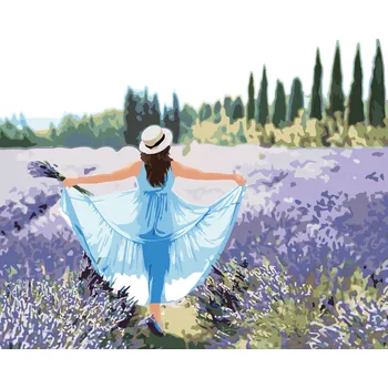 ZUTY Malování podle čísel - LEVANDULOVÉ POLE A ŽENA V MODRÝCH ŠATECH Rozměr: 40x50 cm, Rámování: bez rámu a bez vypnutí plátna