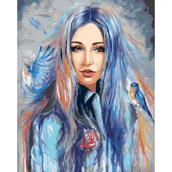 ZUTY Malování podle čísel - ŽENA S MODRÝMI PTÁČKY Rozměr: 40x50 cm, Rámování: vypnuté plátno na rám