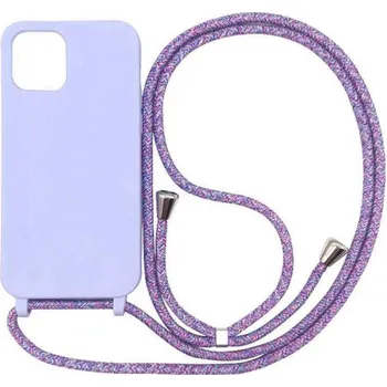 Pouzdro na mobilní telefon Gumový ochranný kryt se šňůrkou na krk pro Apple iPhone 15 Pro - fialový