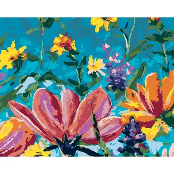 ZUTY Malování podle čísel - MIX KVĚTIN NA MODRÉM POZADÍ Rozměr: 40x50 cm, Rámování: bez rámu a bez vypnutí plátna