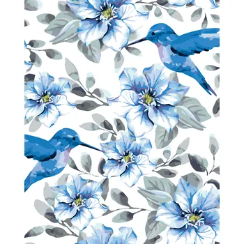ZUTY Malování podle čísel - MODRÉ KVĚTY A KOLIBŘÍCI Rozměr: 40x50 cm, Rámování: bez rámu a bez vypnutí plátna