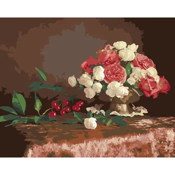 ZUTY Malování podle čísel - KVĚTINY VE VÁZE A TŘEŠNĚ Rozměr: 40x50 cm, Rámování: bez rámu a bez vypnutí plátna