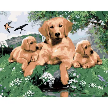 ZUTY Malování podle čísel - ZLATÝ RETRÍVR A ŠTĚŇATA (HOWARD ROBINSON) Rozměr: 40x50 cm, Rámování: vypnuté plátno na rám