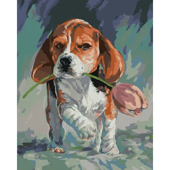 ZUTY Malování podle čísel - PEJSEK S TULIPÁNEM Rozměr: 40x50 cm, Rámování: bez rámu a bez vypnutí plátna
