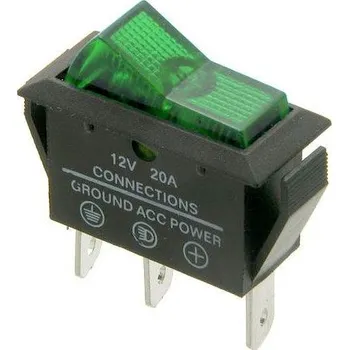 Vypínač kolébkový ASW-09D, OFF-ON 1pol.12V/20A, zelený, prosvětlený