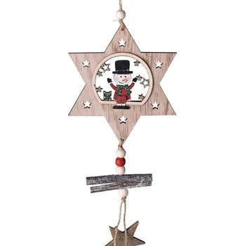 Vánoční dekorace Závěs dřevo 110x130mm sněhulák uvnitř hvězdy, přírodní s glitrem+mix barev