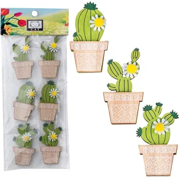 Dekorace dřevěný kaktus s lepíkem mix přírodní zelená 6 ks 35x35mm