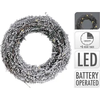 Věnec LED Věnec vánoční ratan 300x70x300mm na zavěšení s glitrem, zasněžený, bílá