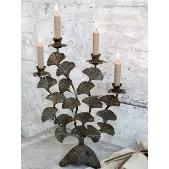 Svícen Mosazný antik kovový svícen s listy Ginkgo Old French - 34*14*46 cm