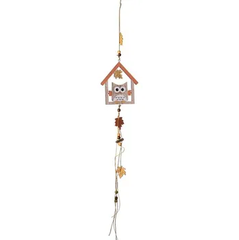 Závěs dřevo 120x130mm sova v domečku,přírodní, oranžová