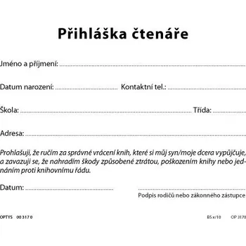 Knihovna Přihláška čtenáře, karta A6