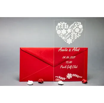 Pozvánka Originální svatební oznámení z plexi - Květinové srdce Kolik kusů oznámení potřebujete?: Potřebuji 40 a více ks