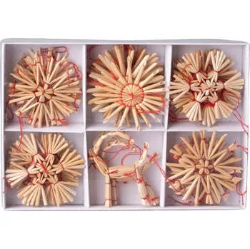 Vánoční ozdoba Slaměné ozdoby 27ks vločky v krabičce mix, přírodní