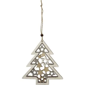 Vánoční dekorace Závěs dřevo 155X170mm stromek s hvězdičkami, přírodní s glitrem, bílá