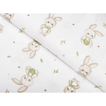 Dětská bavlněná látka/plátno Sandra SA-401 Zajíčci na bílém - šířka 160 cm