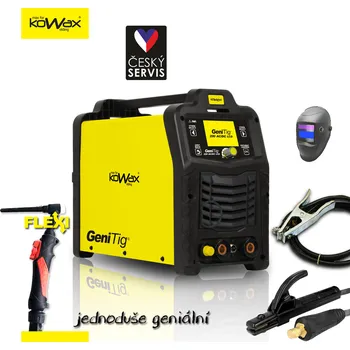 Svářečka KOWAX Svařovací invertor GeniTig® 220AC/DC - LCD PULZ, SYN, HF - TIG/MMA vč.3m kabelů, svorky, a drž.el. + hořák TIG26-4m UP/DOWN + kukla