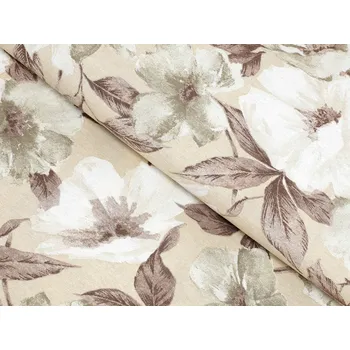 Dekorační látka Porto PRT-011 Hnědo-bílé květy na béžovém - šířka 140 cm
