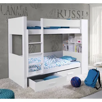 Dětská postel Dětská patrová postel z masivu borovice GASPAR se šuplíky a regálem - 200x90 cm - bílá