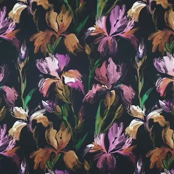 Žoržetová šatovka N6440 černá, akvarelové kosatce, š.145