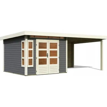 Zahrada Dřevěný domek KARIBU KASTORF 6 + přístavek 320 cm včetně zadní stěny (31547) terragrau LG3578