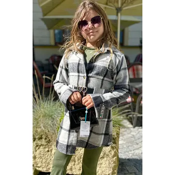 Dámský kabát made in Italy Dívčí módní károvaný kabát 23211 černý Rozměr: 110