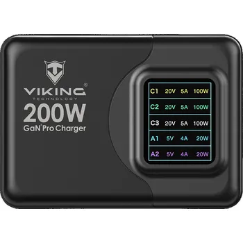 Mobilní telefon Viking USB GaN charger 200W PD PRO/síťový adaptér/Output:3xUSB-C,2xUSB-A/Rychlo nabíjení/